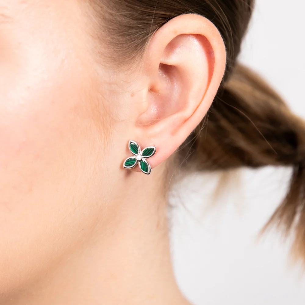 Sterling Silver Rhodium Plated Created Malachite Four Petal Stud Earrings - Image 2