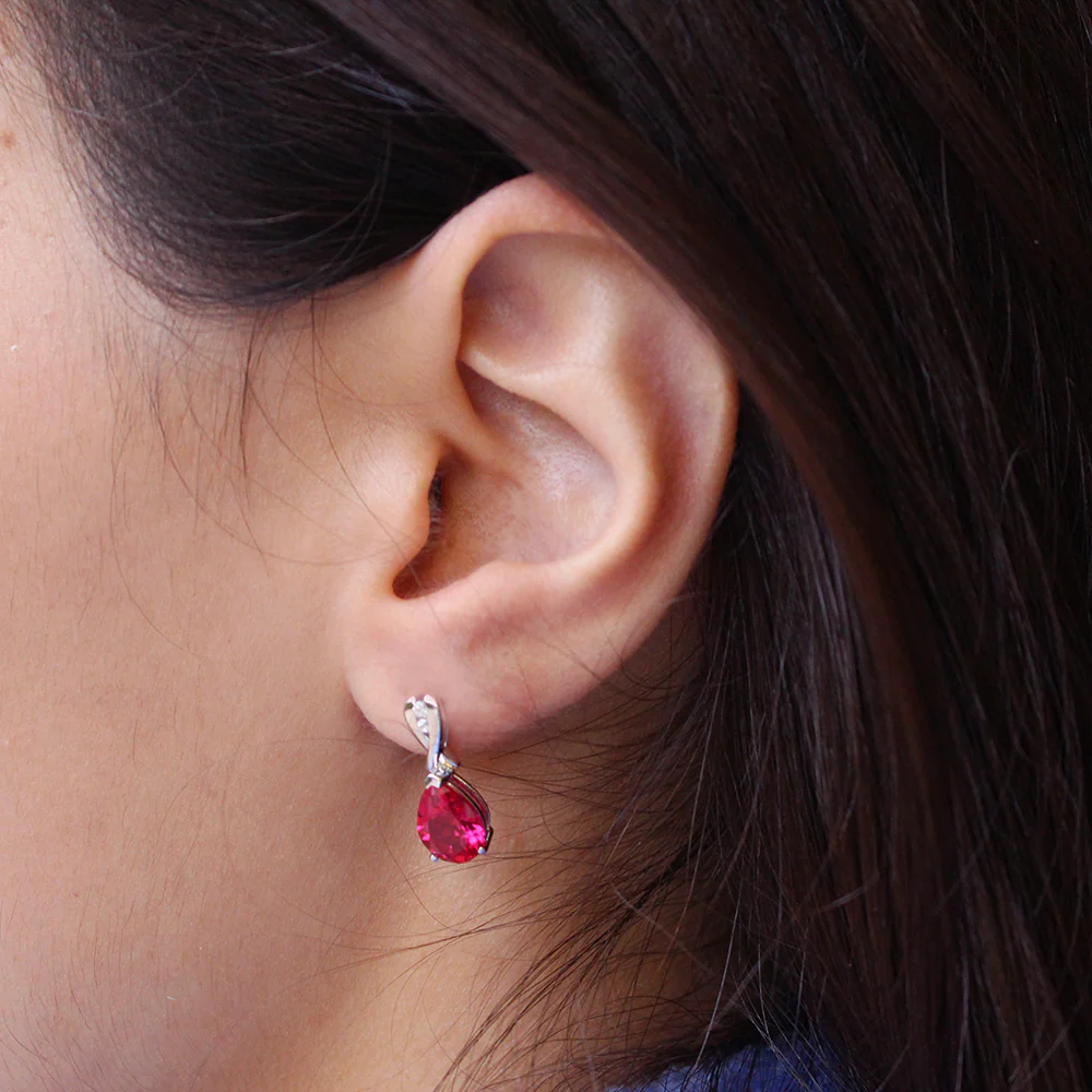 Sterling Silver Rhodium Plated Created Ruby and Cubic Zirconia Drop Earrings - Image 2