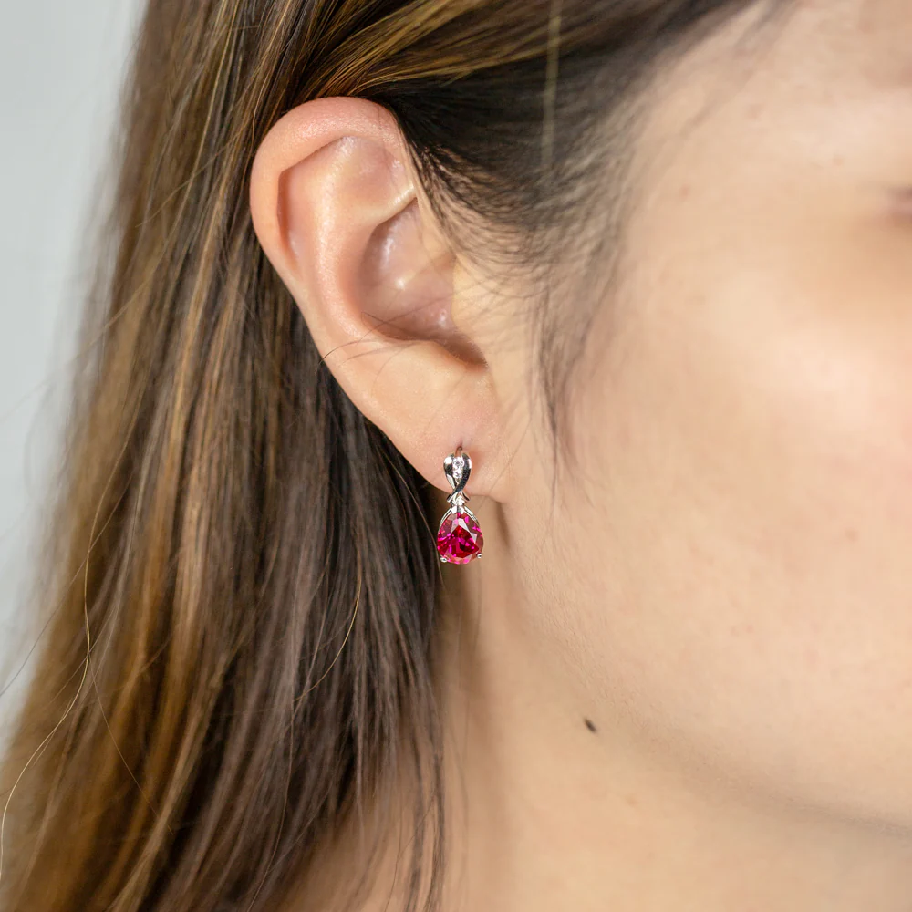 Sterling Silver Rhodium Plated Created Ruby and Cubic Zirconia Drop Earrings - Image 3