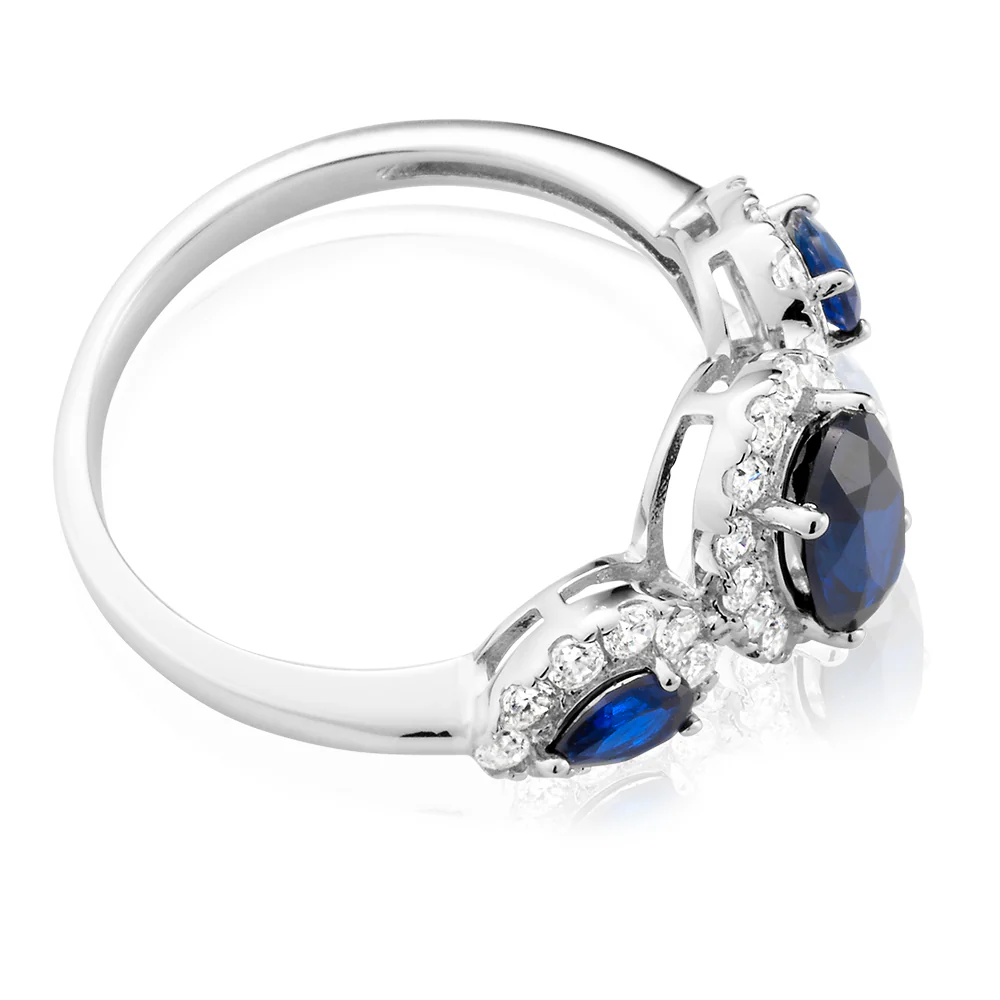 Sterling Silver Rhodium Plated Created Sapphire and Cubic Zirconia Trio Ring - Image 2