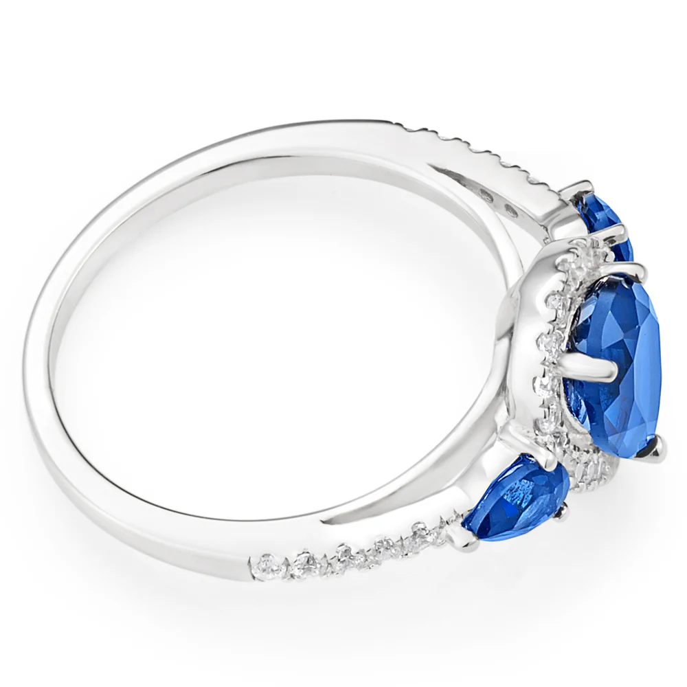 Sterling Silver Rhodium Plated Created Sapphire Pear Shape and Zirconia Ring - Image 2