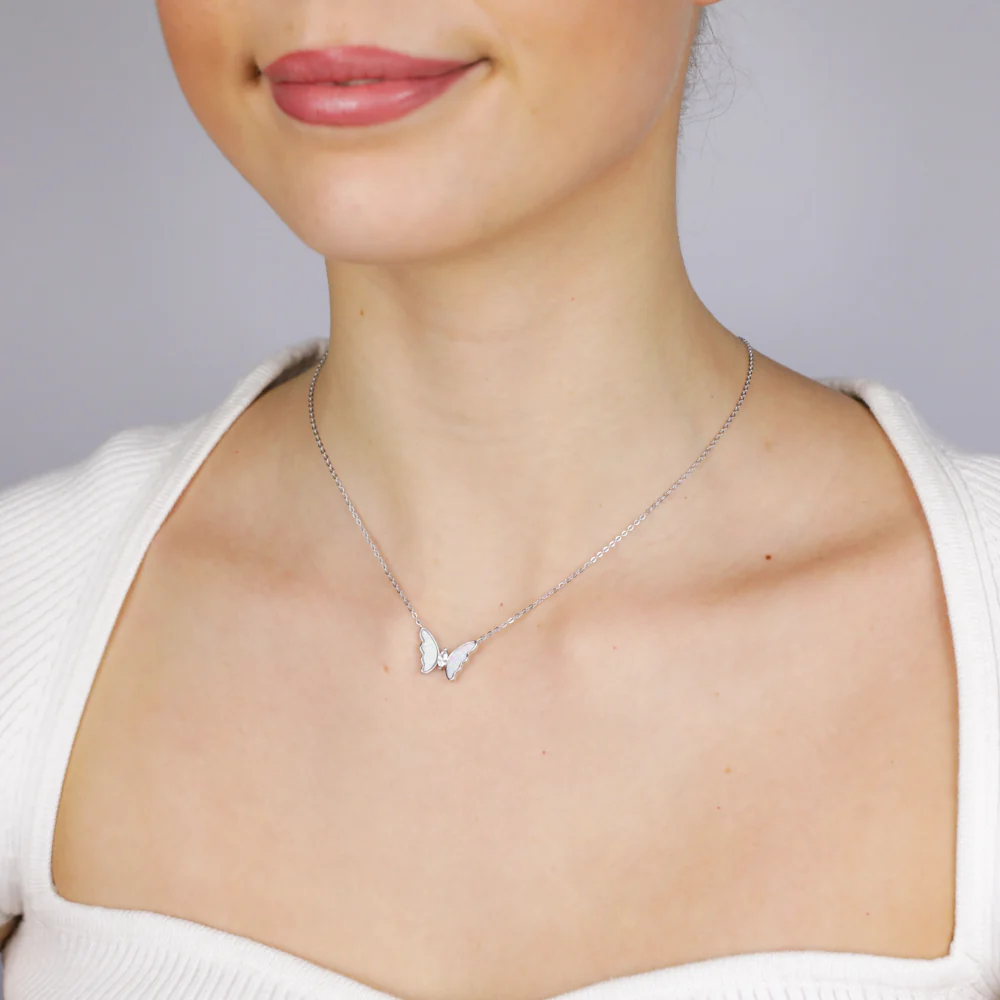 Sterling Silver Rhodium Plated Created White Opal Butterfly Pendant On Chain - Image 2