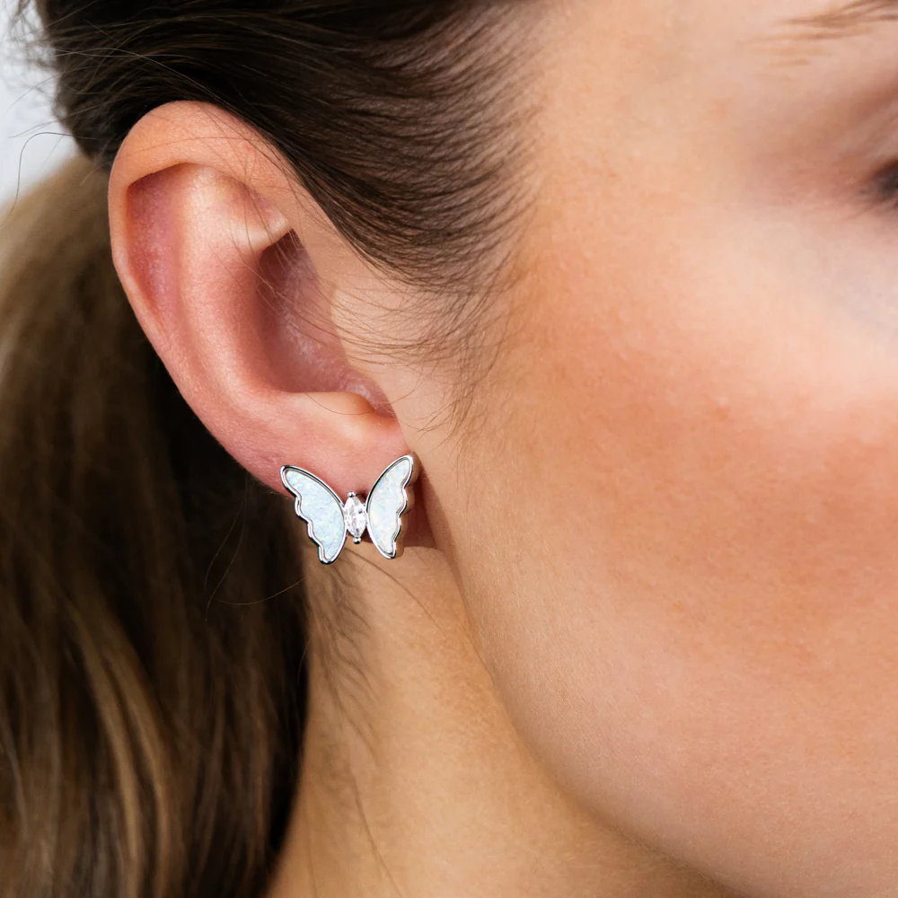 Sterling Silver Rhodium Plated Created White Opal Butterfly Stud Earrings - Image 2