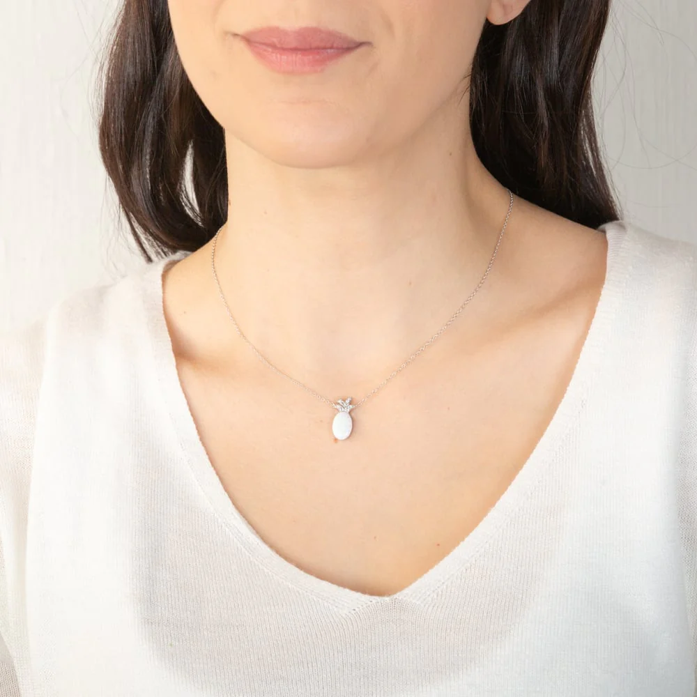 Sterling Silver Rhodium Plated Created White Opal Pendant With 45cm Chain - Image 2