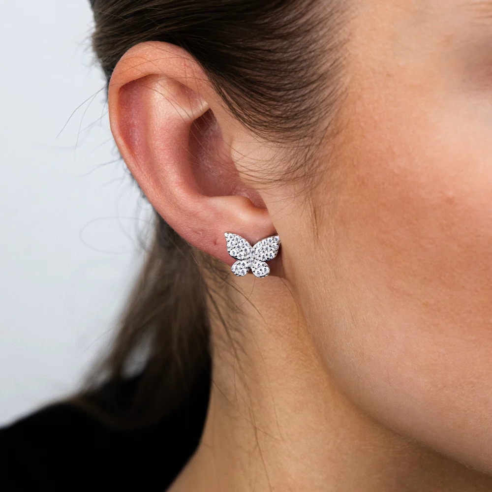 Sterling Silver Rhodium Plated Cubic Zirconia Butterfly Stud Earrings - Image 2