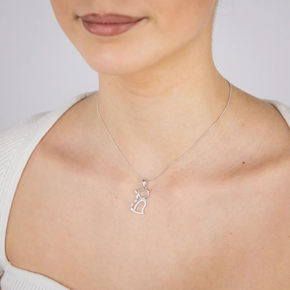 Sterling Silver Rhodium Plated Cubic Zirconia Cat Pendant - Image 2