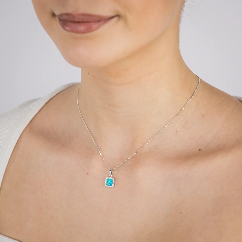 Sterling Silver Rhodium Plated Cubic Zirconia Created Blue Opal Square Pendant - Image 2