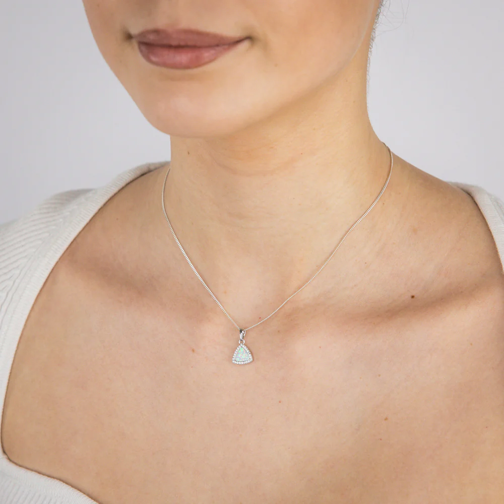 Sterling Silver Rhodium Plated Cubic Zirconia Created White Opal Triangle Pendant - Image 2