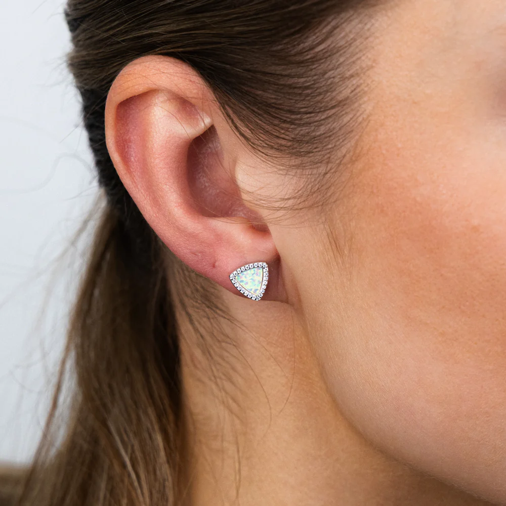 Sterling Silver Rhodium Plated Cubic Zirconia Created White Opal Triangle Stud Earrings - Image 2