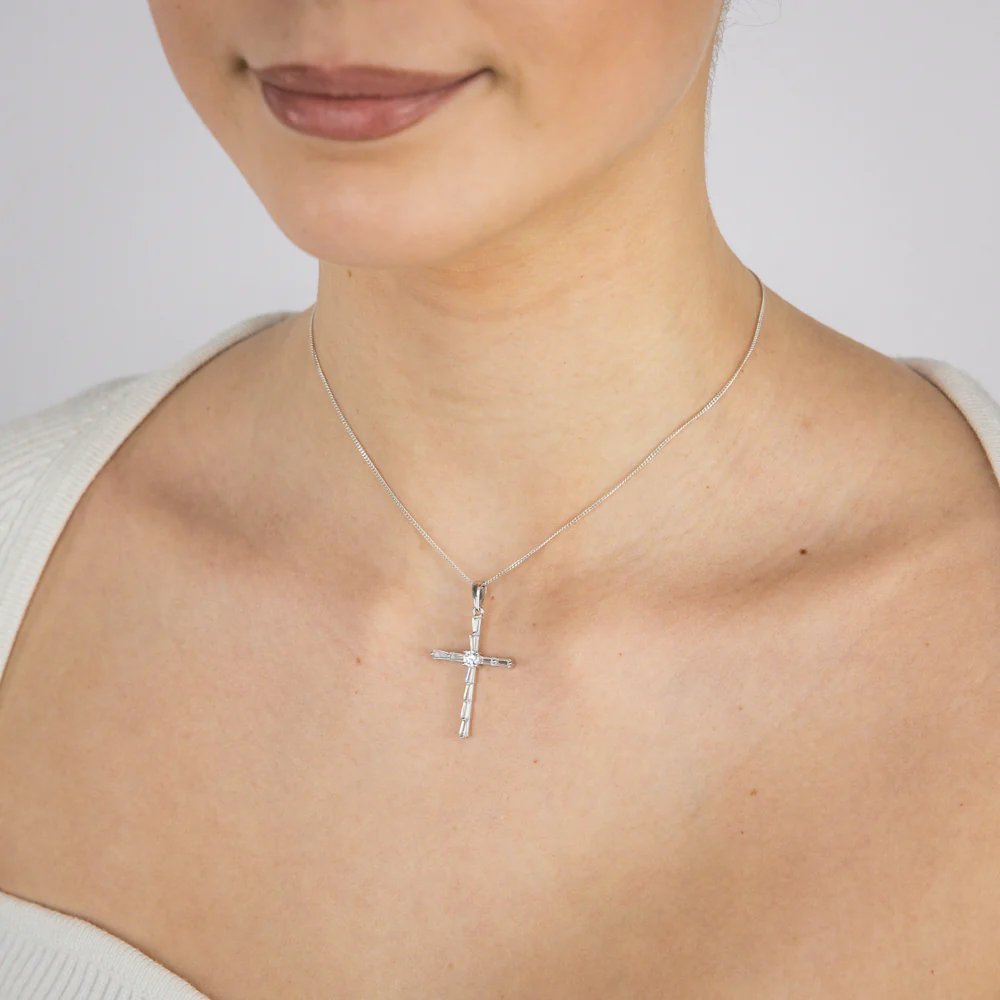 Sterling Silver Rhodium Plated Cubic Zirconia Fancy Cross Pendant - Image 2