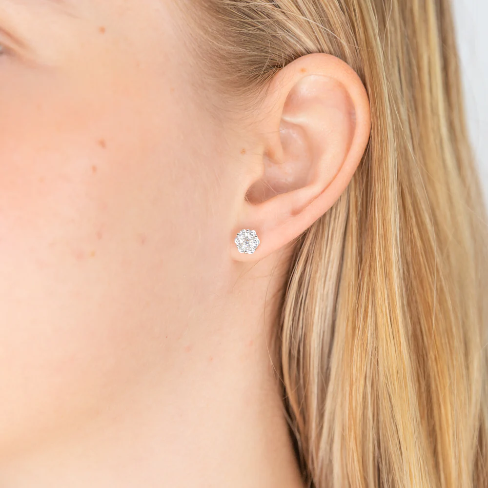 Sterling Silver Rhodium Plated Cubic Zirconia Flower Stud Earrings - Image 2
