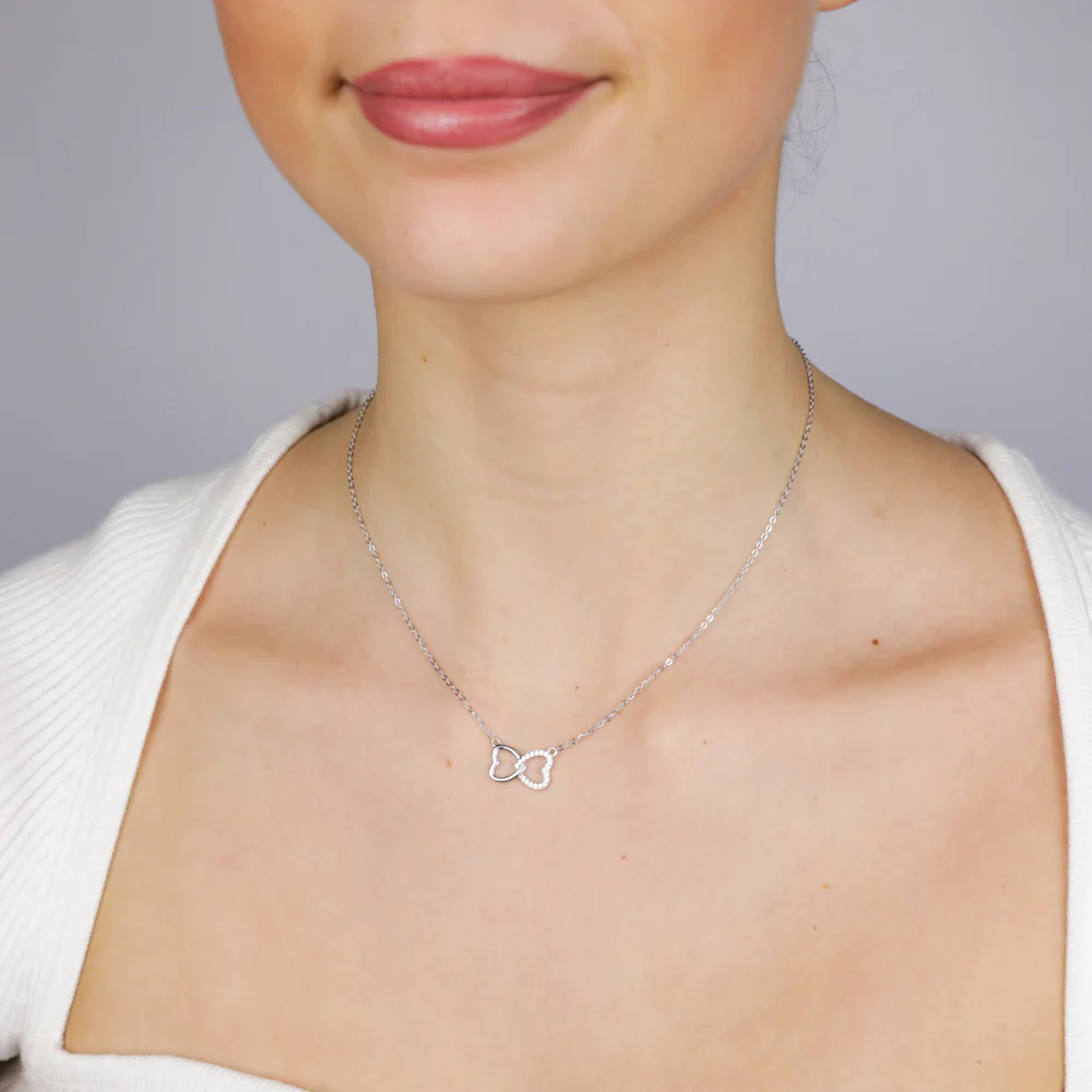 Sterling Silver Rhodium Plated Cubic Zirconia Interlocking Hearts Pendant On Chain - Image 2