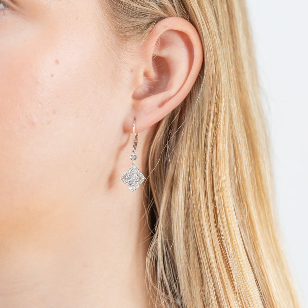Sterling Silver Rhodium Plated Cubic Zirconia Lever Back Drop Earrings - Image 2