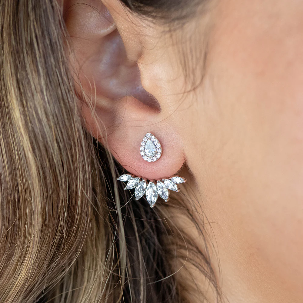 Sterling Silver Rhodium Plated Cubic Zirconia Marquise Cut Ear Jacket Stud Earrings - Image 2