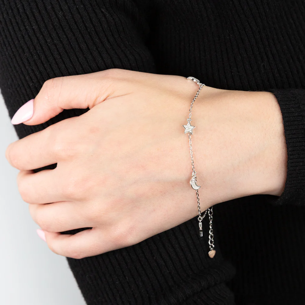 Sterling Silver Rhodium Plated Cubic Zirconia Moon And Star Charm 21.5cm Bracelets - Image 3