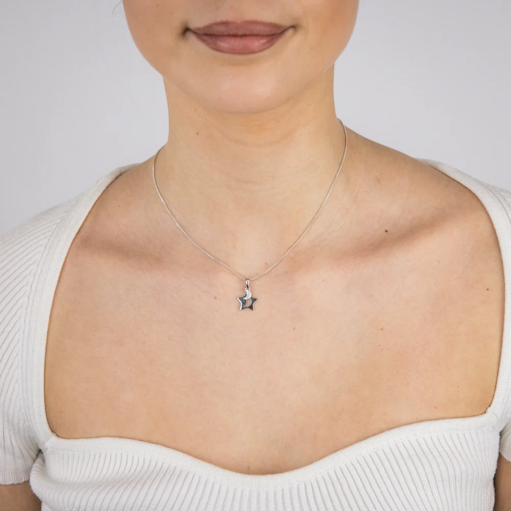 Sterling Silver Rhodium Plated Cubic Zirconia Moon And Star Pendant - Image 2