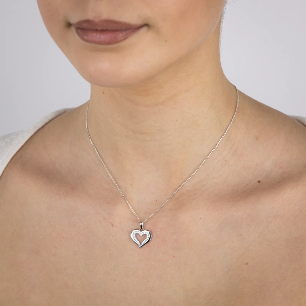 Sterling Silver Rhodium Plated Cubic Zirconia Open Heart Pendant - Image 2