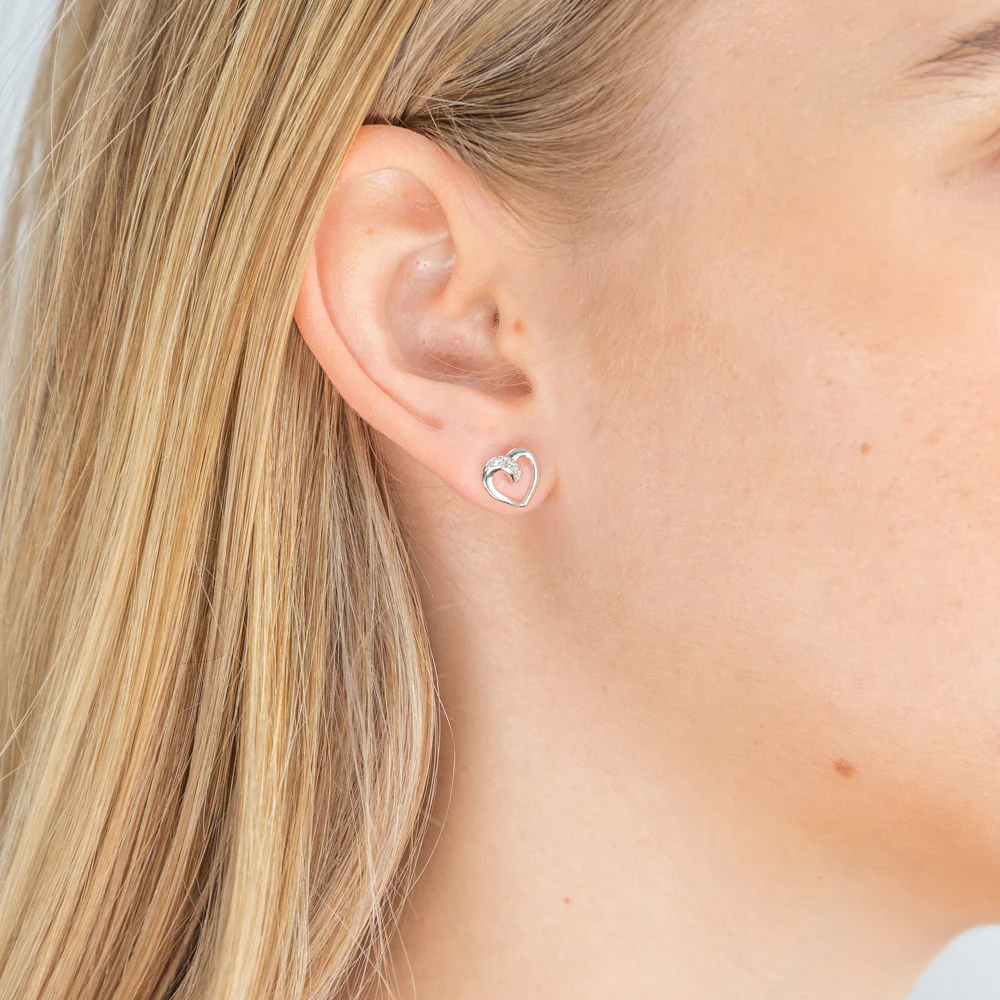 Sterling Silver Rhodium Plated Cubic Zirconia Open Heart Stud Earrings - Image 2