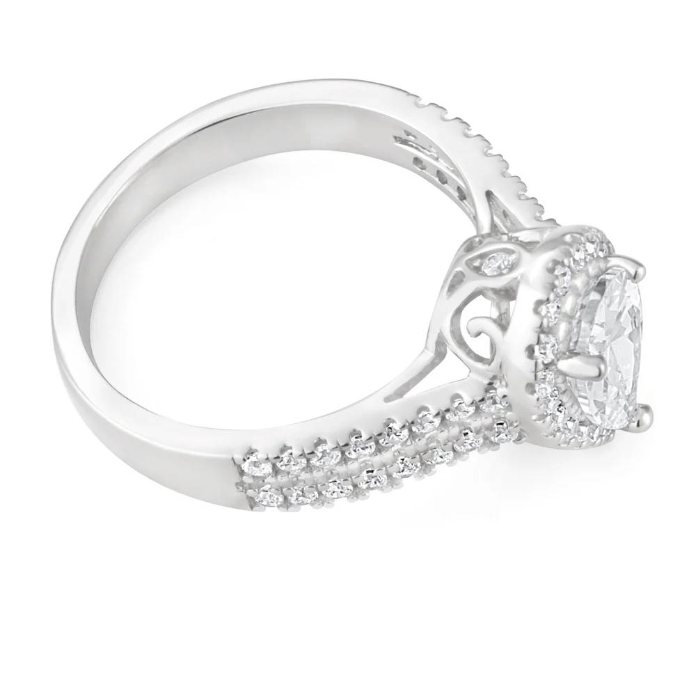 Sterling Silver Rhodium Plated Cubic Zirconia Pear Halo Ring with Double Band - Image 2
