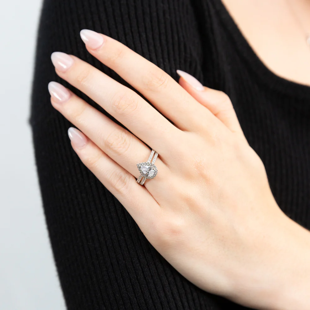 Sterling Silver Rhodium Plated Cubic Zirconia Pear Halo Ring with Double Band - Image 3
