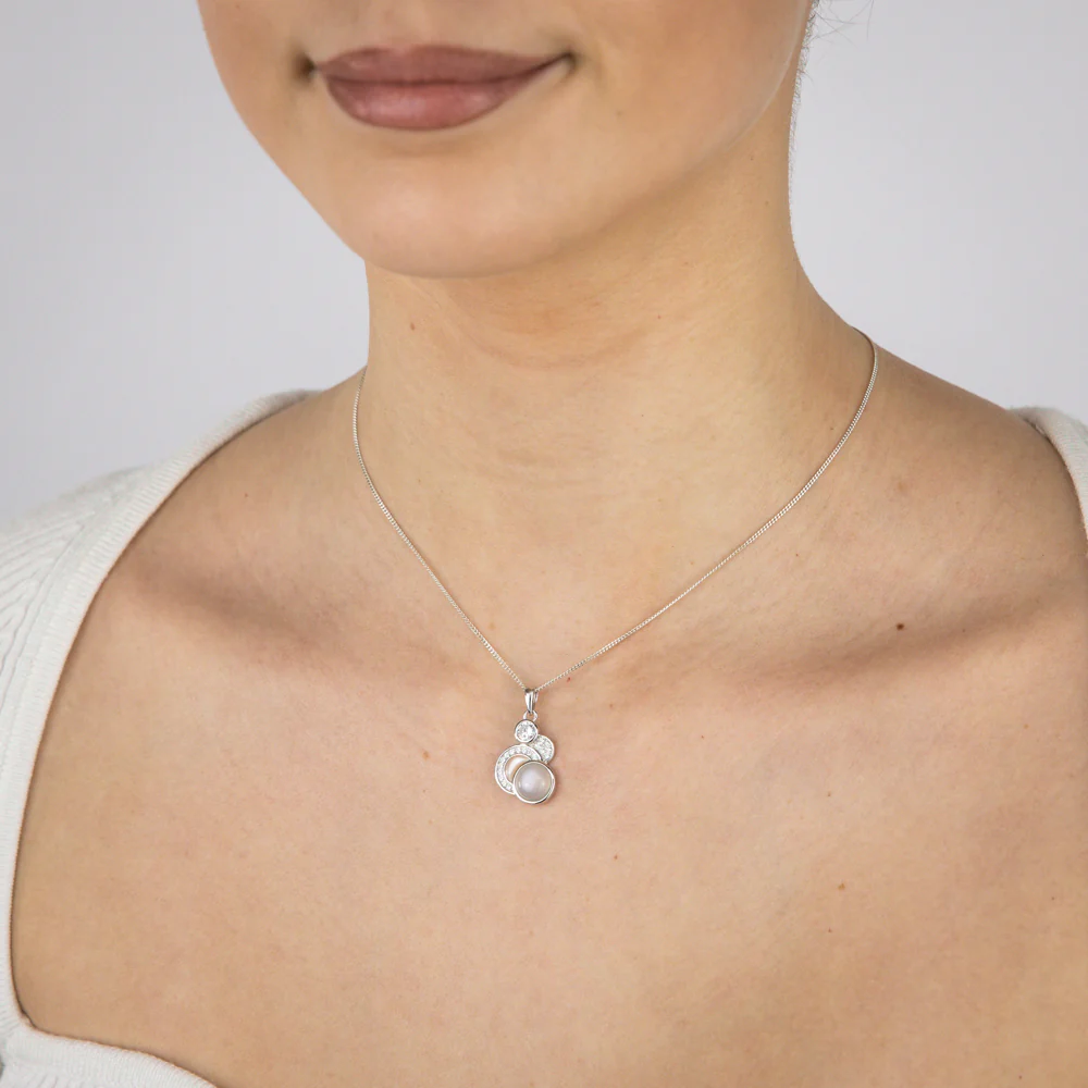 Sterling Silver Rhodium Plated Cubic Zirconia Pink Shell Pearl Moonstone Fancy Pendant - Image 2
