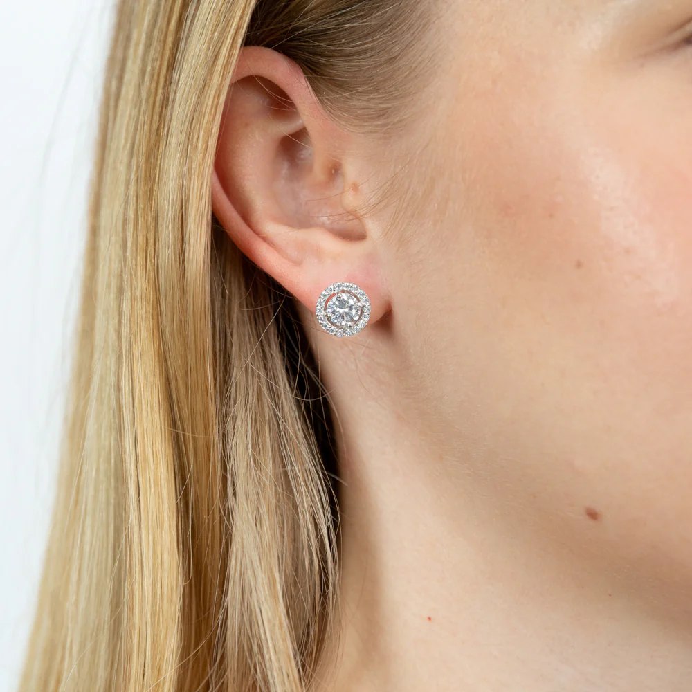 Sterling Silver Rhodium Plated Cubic Zirconia Round Stud Earrings - Image 2