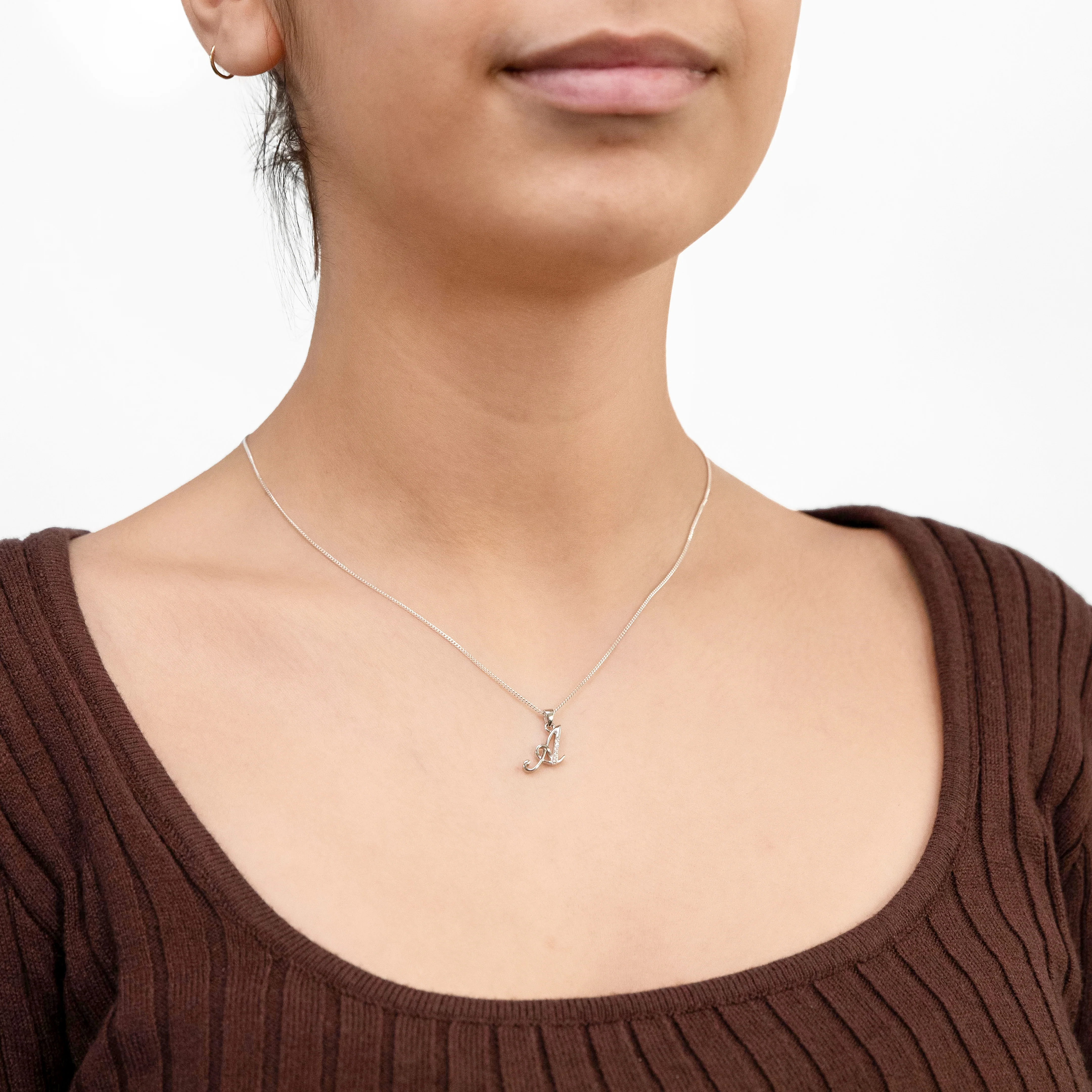 Sterling Silver Rhodium Plated Cubic Zirconia Script "A" Initial Pendant - Image 2