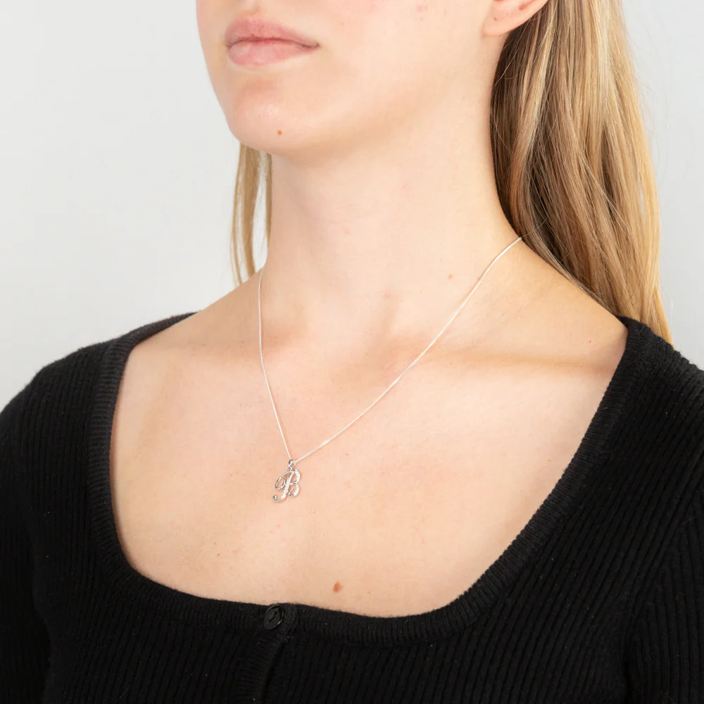 Sterling Silver Rhodium Plated Cubic Zirconia Script "B" Initial Pendant - Image 2