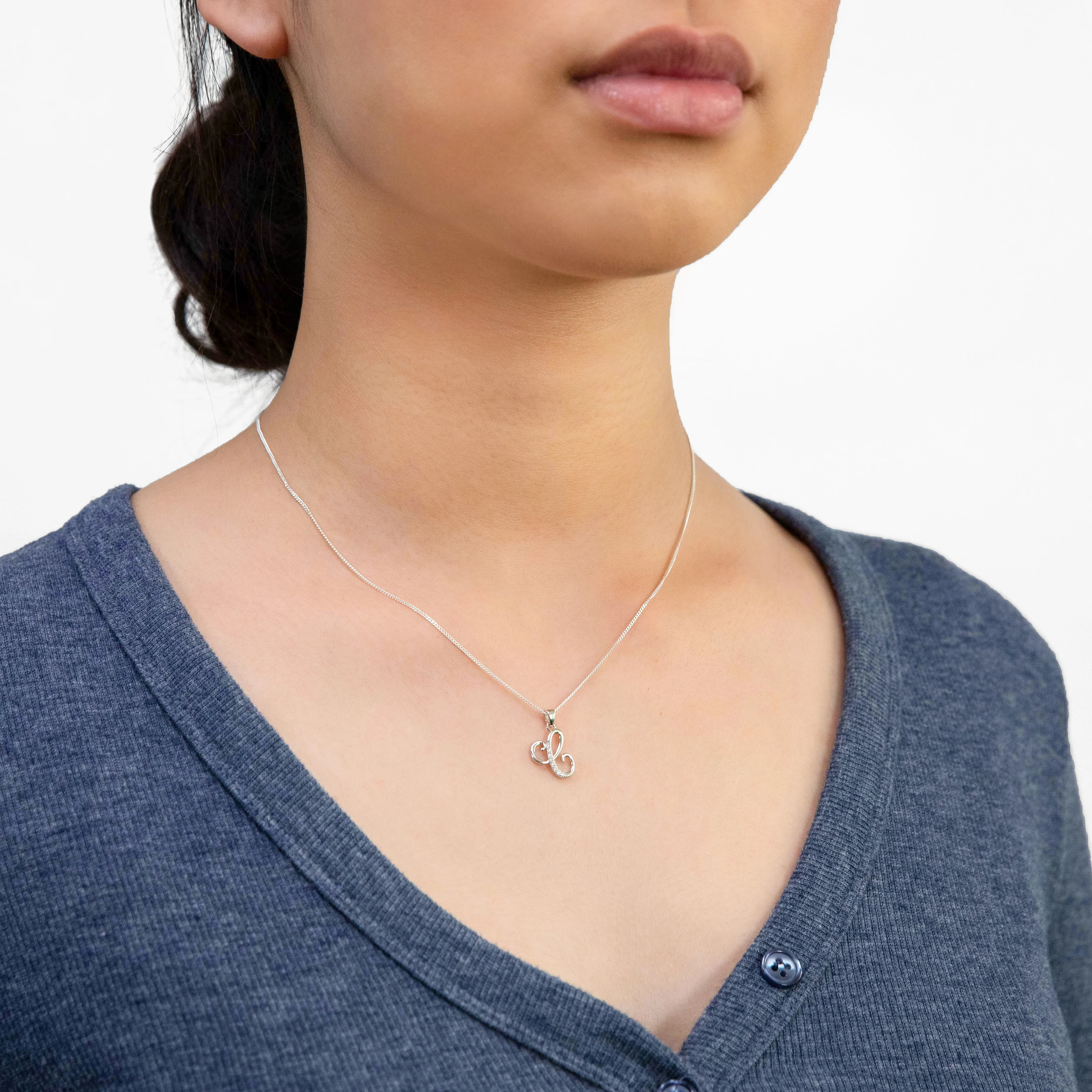 Sterling Silver Rhodium Plated Cubic Zirconia Script "C" Initial Pendant - Image 2