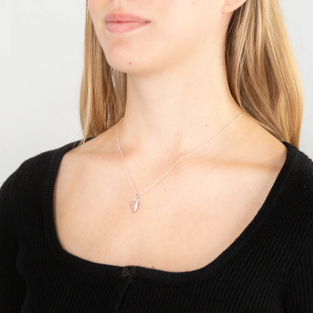 Sterling Silver Rhodium Plated Cubic Zirconia Script "D" Initial Pendant - Image 2