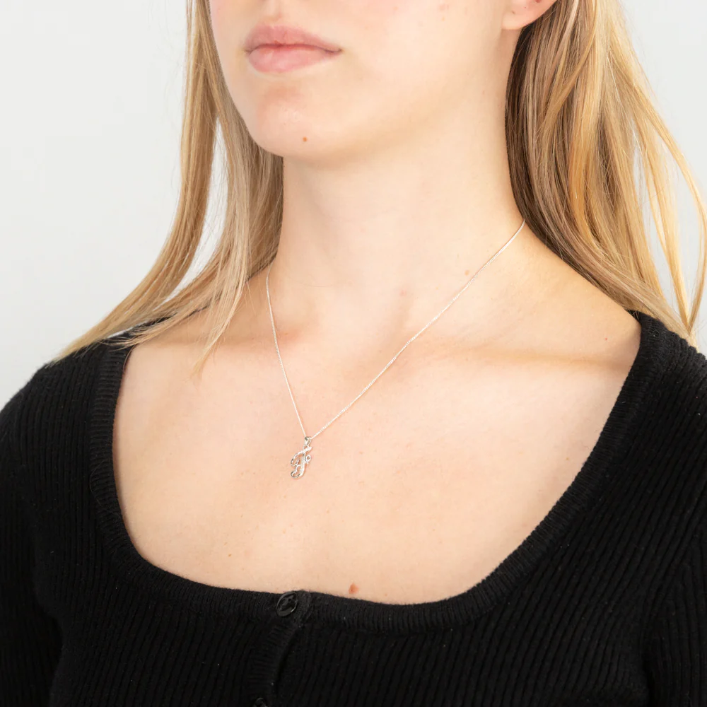 Sterling Silver Rhodium Plated Cubic Zirconia Script "F " Initial Pendant - Image 2