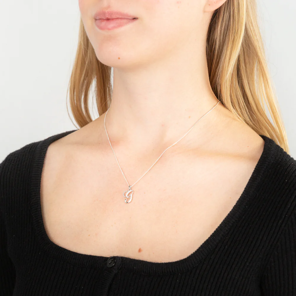 Sterling Silver Rhodium Plated Cubic Zirconia Script "G " Initial Pendant - Image 2