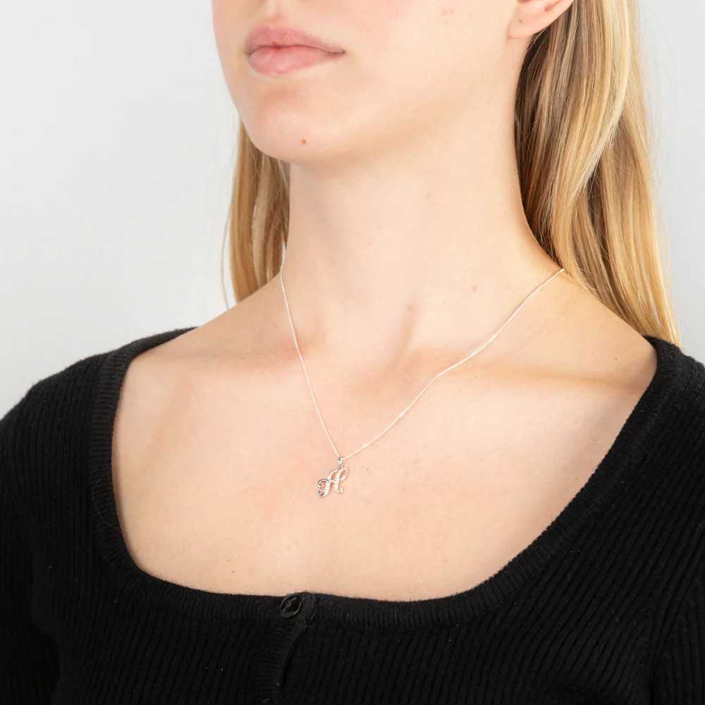 Sterling Silver Rhodium Plated Cubic Zirconia Script "H " Initial Pendant - Image 2