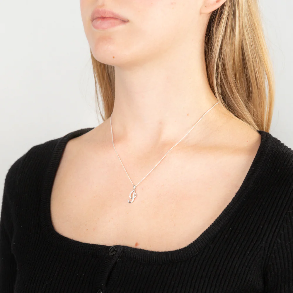Sterling Silver Rhodium Plated Cubic Zirconia Script "I " Initial Pendant - Image 2