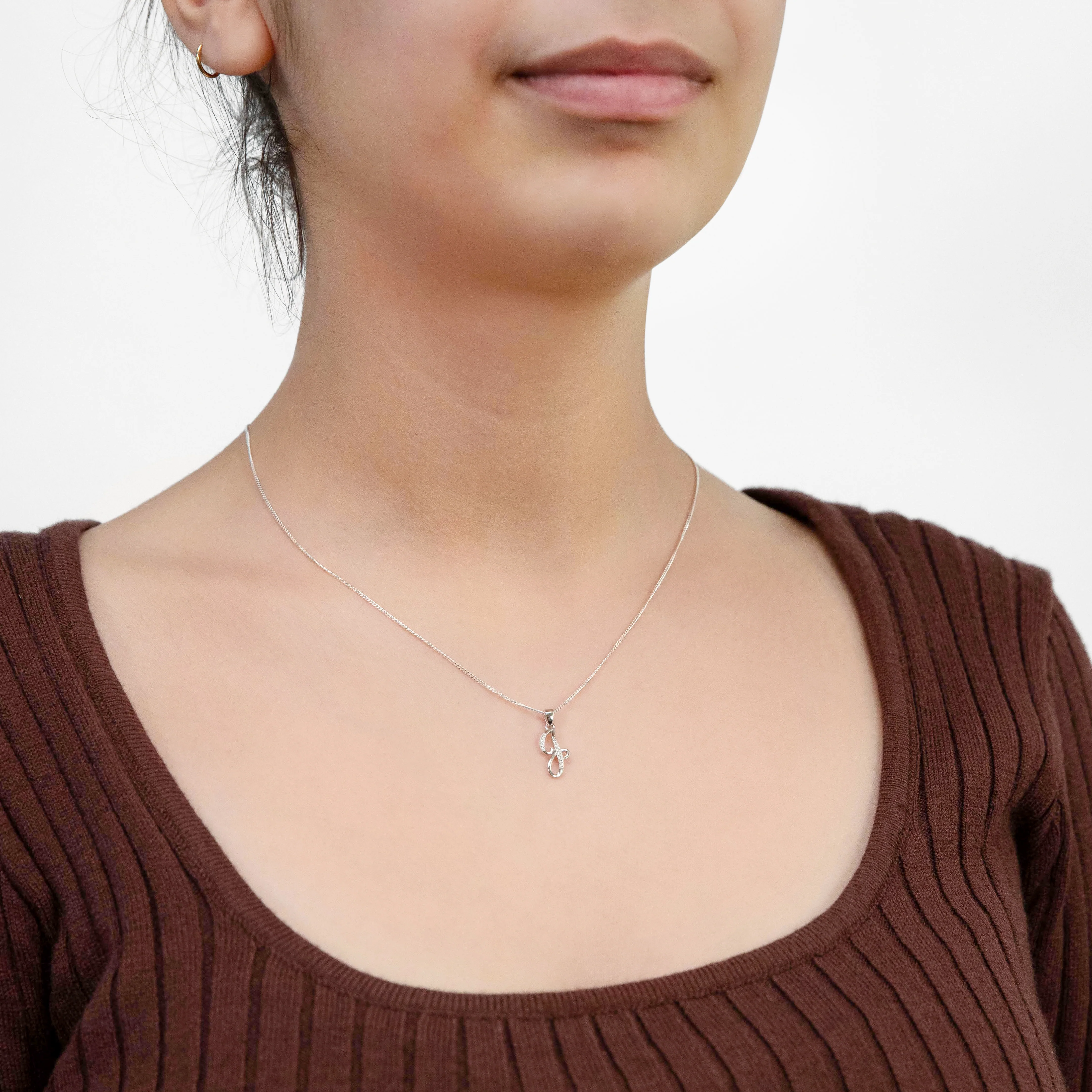 Sterling Silver Rhodium Plated Cubic Zirconia Script "J" Initial Pendant - Image 2