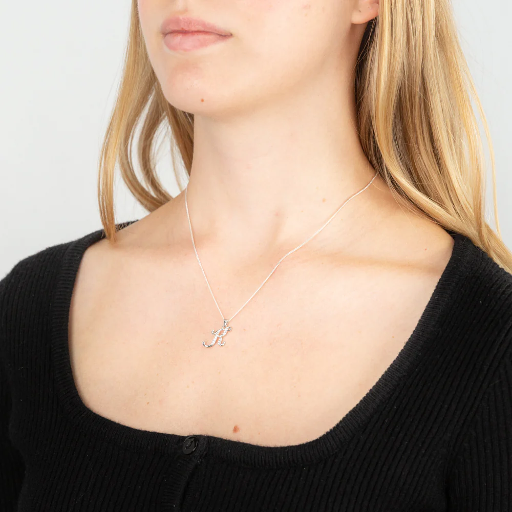 Sterling Silver Rhodium Plated Cubic Zirconia Script "K " Initial Pendant - Image 2