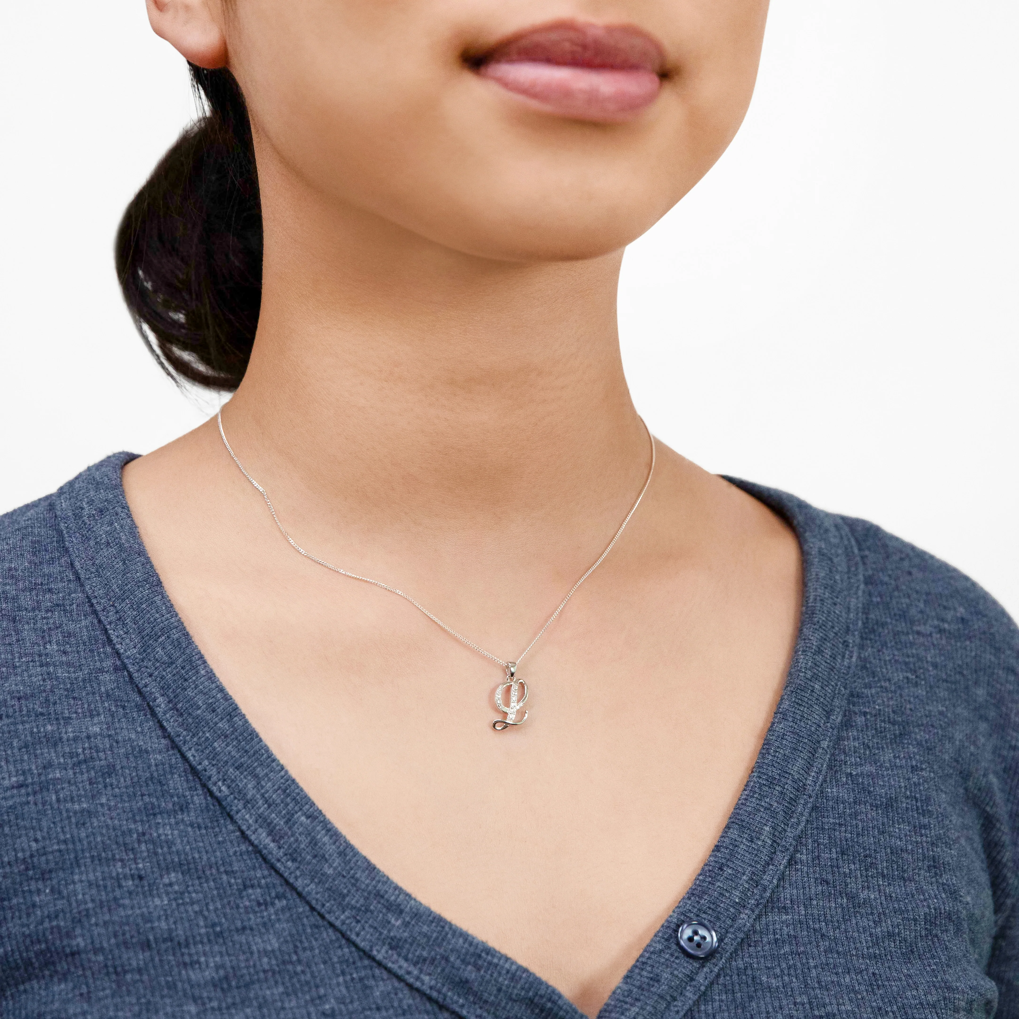 Sterling Silver Rhodium Plated Cubic Zirconia Script "L" Initial Pendant - Image 2