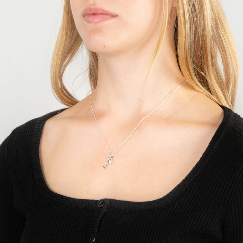 Sterling Silver Rhodium Plated Cubic Zirconia Script "N " Initial Pendant - Image 2