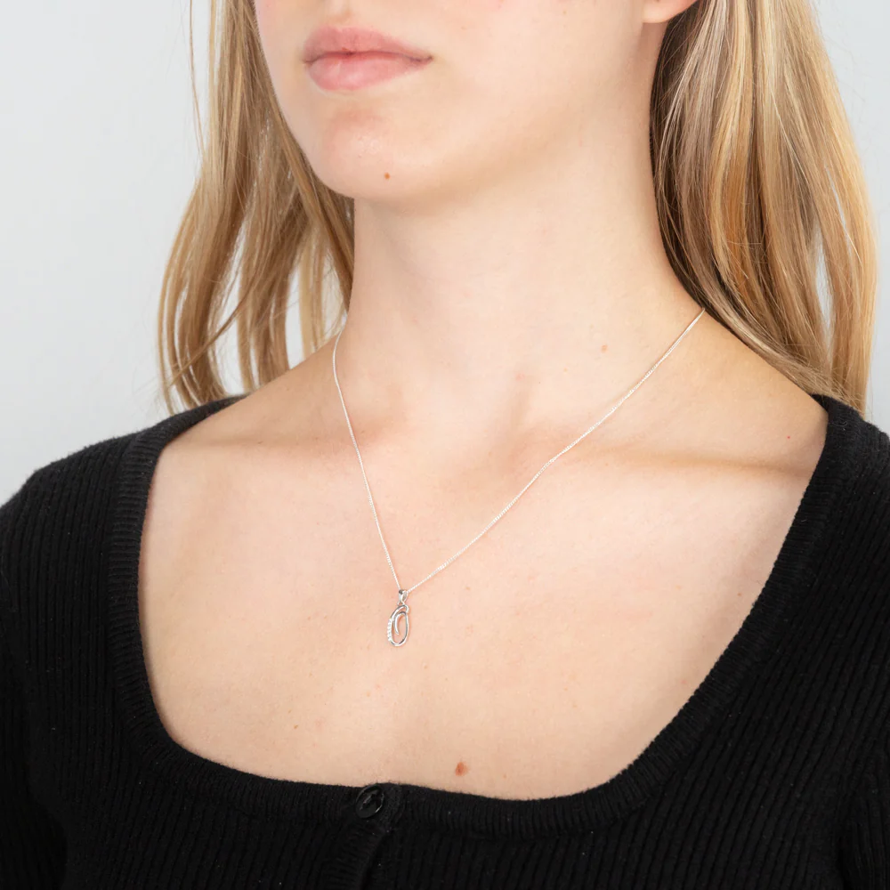 Sterling Silver Rhodium Plated Cubic Zirconia Script "O " Initial Pendant - Image 2