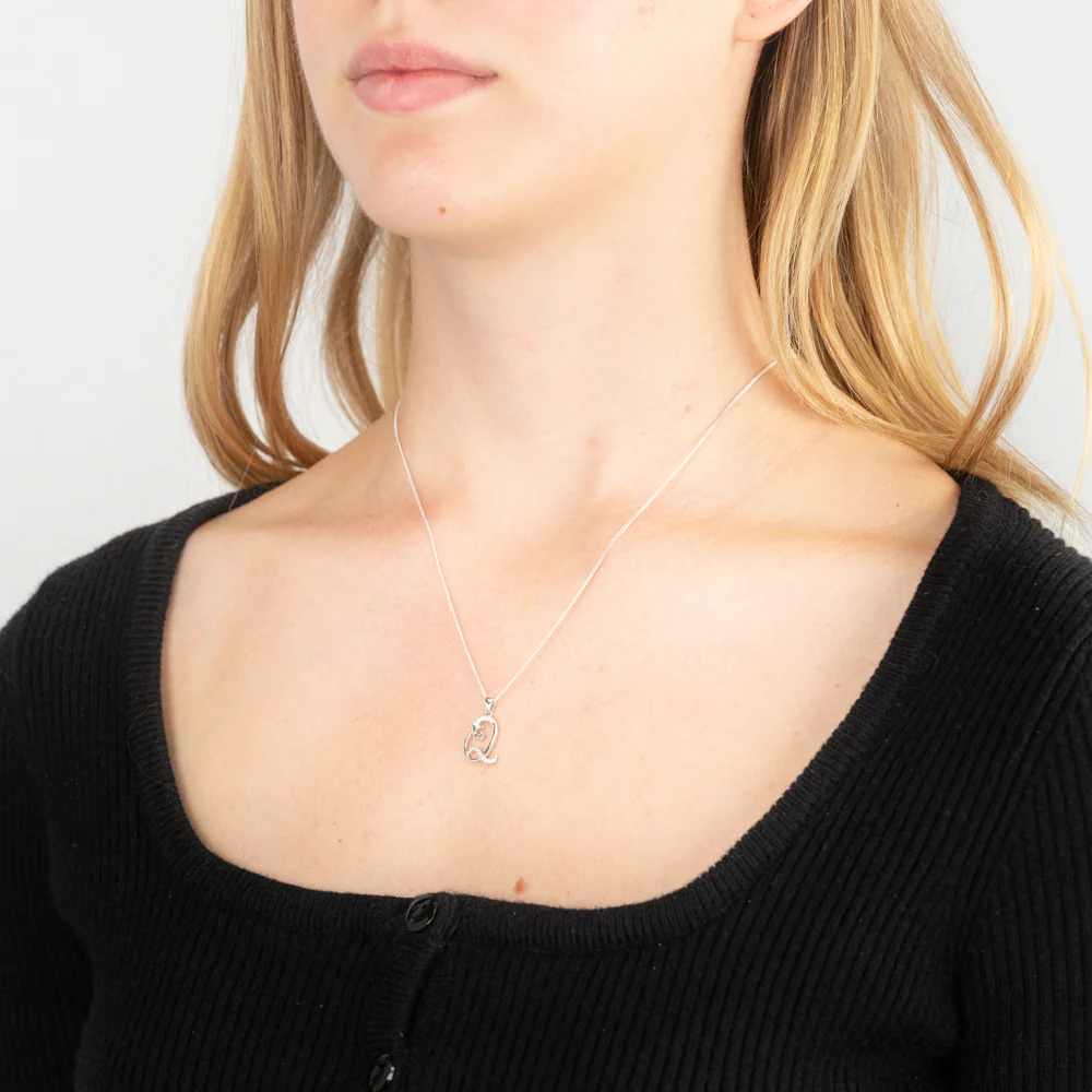 Sterling Silver Rhodium Plated Cubic Zirconia Script "Q " Initial Pendant - Image 2