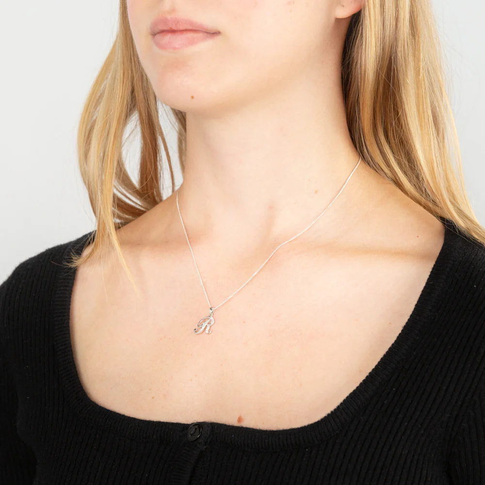 Sterling Silver Rhodium Plated Cubic Zirconia Script "R " Initial Pendant - Image 2