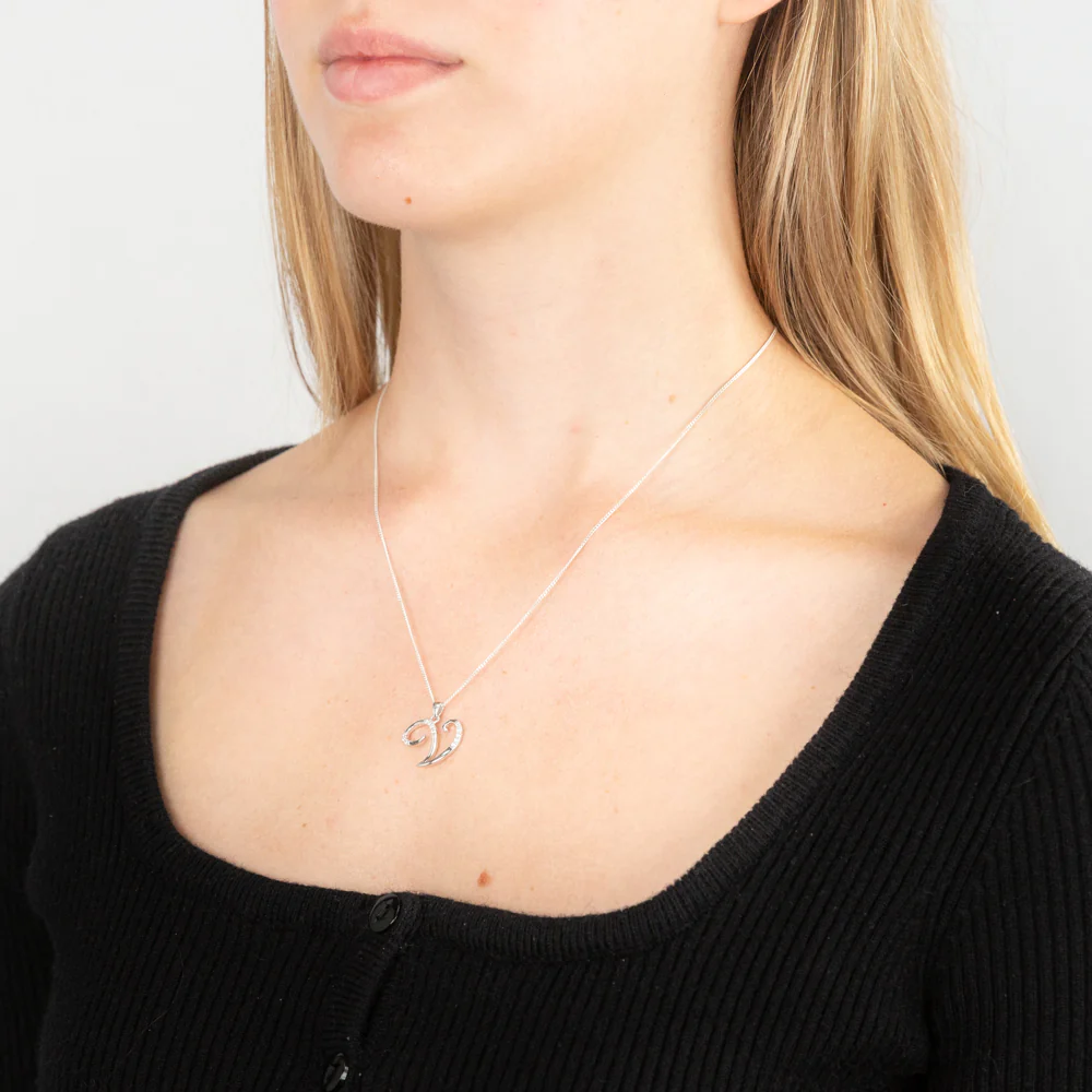 Sterling Silver Rhodium Plated Cubic Zirconia Script "V " Initial Pendant - Image 2