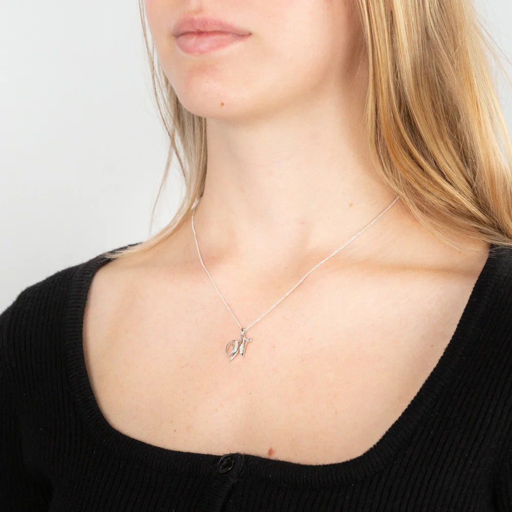 Sterling Silver Rhodium Plated Cubic Zirconia Script "W " Initial Pendant - Image 2
