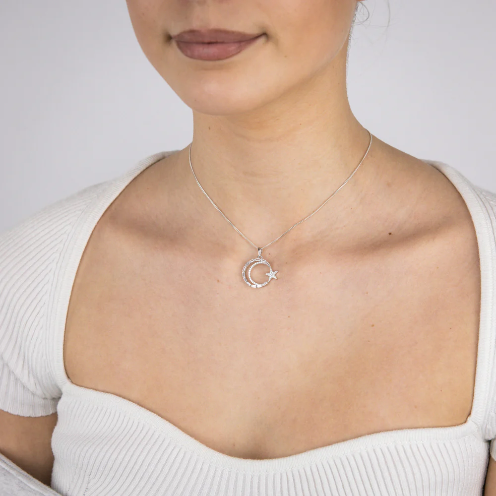 Sterling Silver Rhodium Plated Cubic Zirconia Star And Moon Round Pendant - Image 2