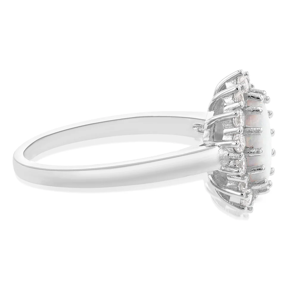 Sterling Silver Rhodium Plated Cubic Zirconia Synthetic Opal Round Ring - Image 2