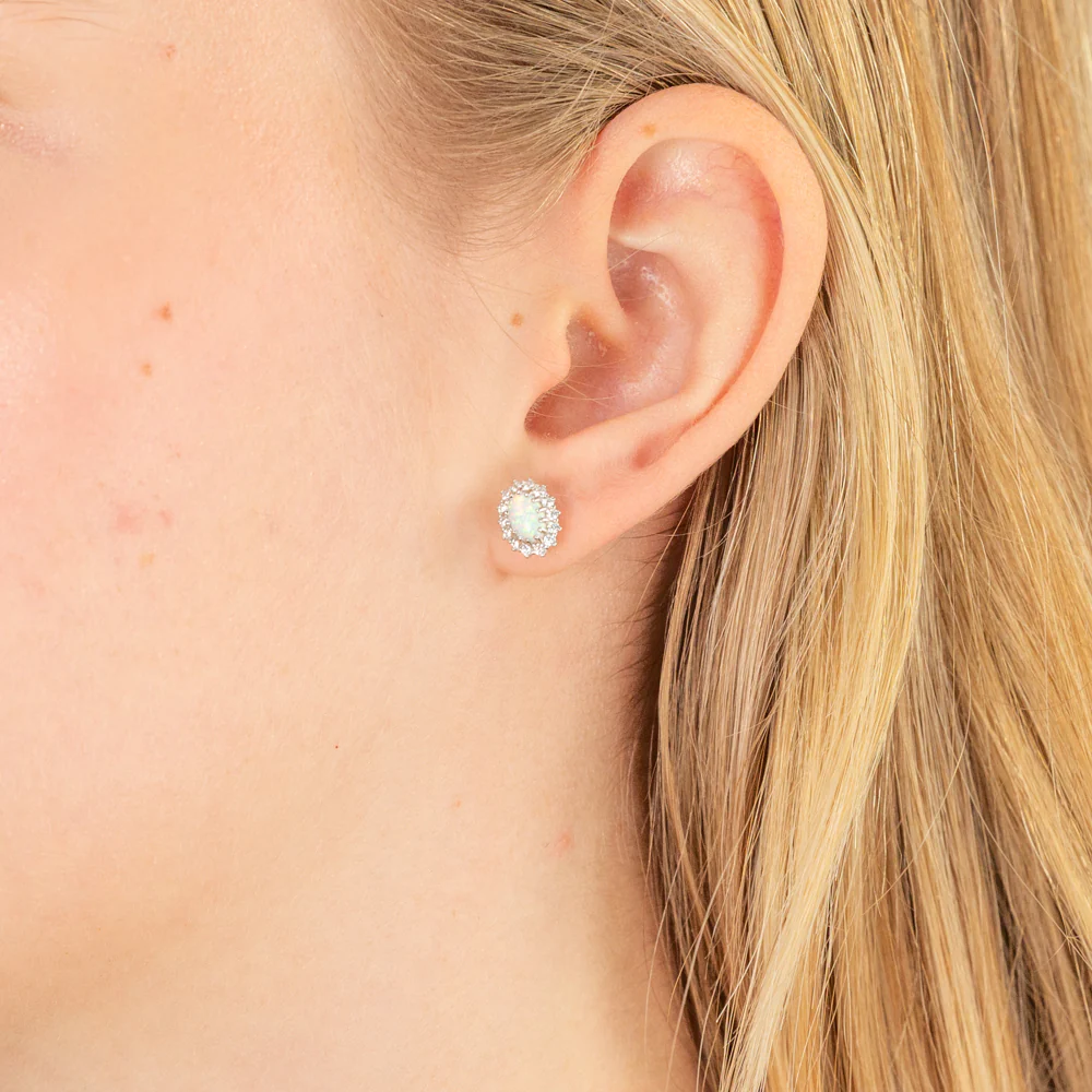 Sterling Silver Rhodium Plated Cubic Zirconia Synthetic Opal Round Stud Earrings - Image 2