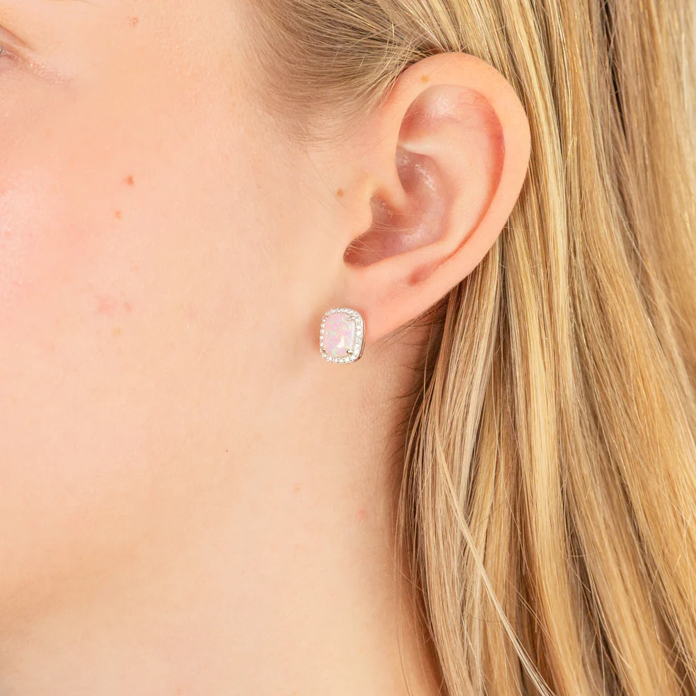 Sterling Silver Rhodium Plated Cubic Zirconia Synthetic Pink Opal Square Earrings - Image 2