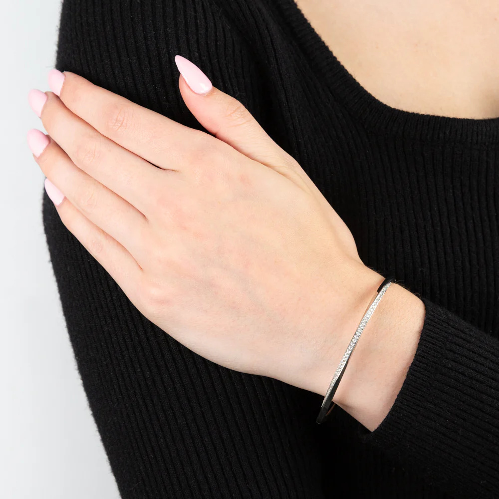 Sterling Silver Rhodium Plated Cubic Zirconia Twisted Hinged Bangle - Image 2