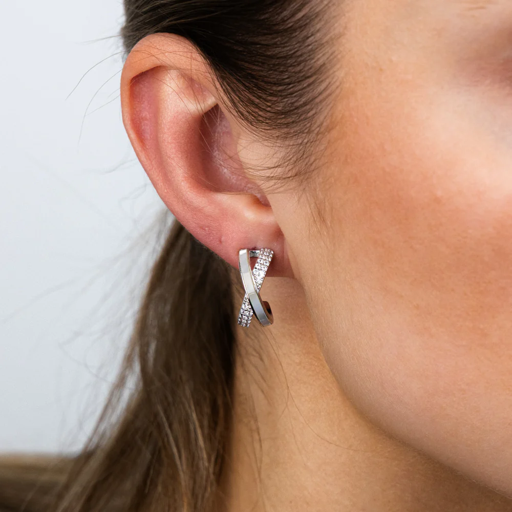 Sterling Silver Rhodium Plated Cubic Zirconia White Shell Pearl Cross Over Half Hoop Earrings - Image 2