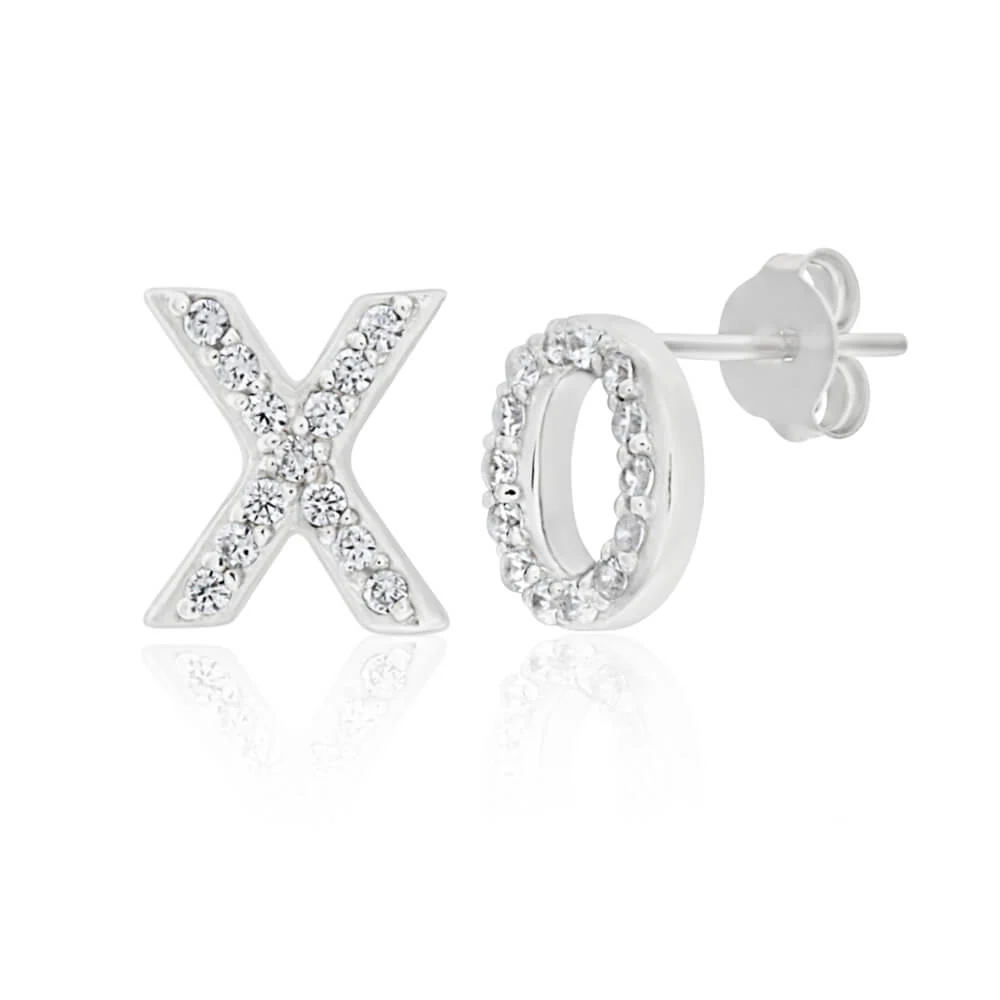 Sterling Silver Rhodium Plated Cubic Zirconia XO Stud Earrings - Image 2